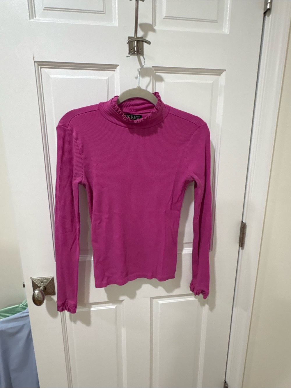 J. Crew Fuchsia Ribbed Mock-Neck Long Sleeve Top ruffle neck and sleeves